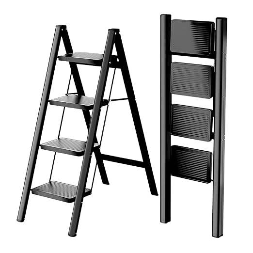 JIALTO 4 Step Aluminums Ladder | Foldable Step with Wide Pedals | Lightweight & Portable Stepping Stool for Home, Kitchen, Library, Office with Anti-Slip Heavy Duty 150 Kg Load