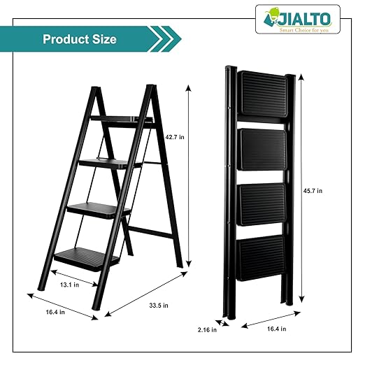JIALTO 4 Step Aluminums Ladder | Foldable Step with Wide Pedals | Lightweight & Portable Stepping Stool for Home, Kitchen, Library, Office with Anti-Slip Heavy Duty 150 Kg Load