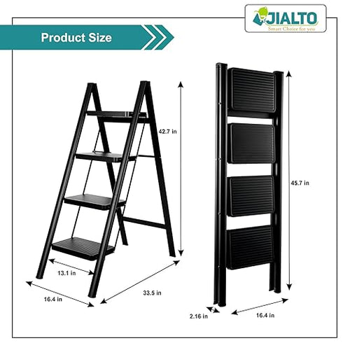 Jialto 4 Step Aluminium Ladder | Foldable, Wide Pedals | Anti-Slip, 150kg | Home Use