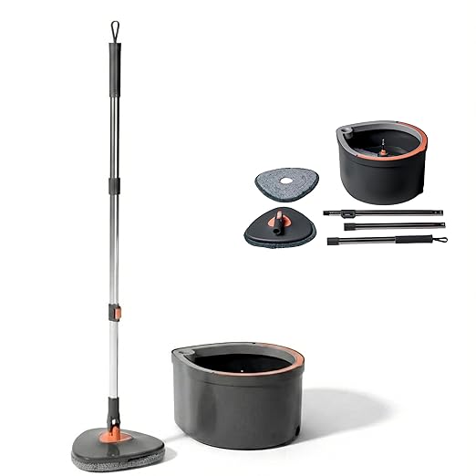 JIALTO 360° Spin Mop & Drop Bucket Deluxe System | Reusable Microfiber Pads for Wet & Dry Cleaning of Walls, Glass & Tiles and Home Floor Cleaning - Grey and Orange (Triangle)