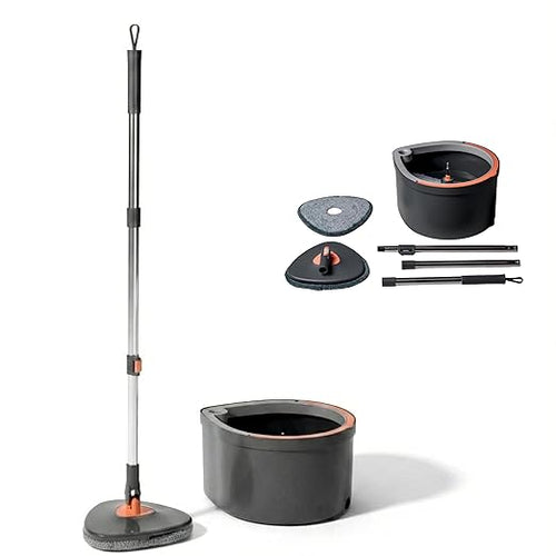 JIALTO 360° Spin Mop & Drop Bucket Deluxe System | Reusable Microfiber Pads for Wet & Dry Cleaning of Walls, Glass & Tiles and Home Floor Cleaning - Grey and Orange (Triangle)