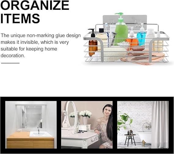 JIALTO 2 Pcs Adhesive Shower Caddy Combo - SUS 304 Stainless Steel Wall Shelf with Hooks - No Drill Rustproof Bathroom, Kitchen Organizer Rack for Toiletries, Spices, Bottles (Silver)