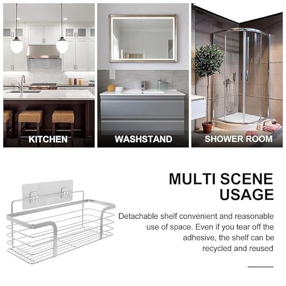 JIALTO 2 Pcs Adhesive Shower Caddy Combo - SUS 304 Stainless Steel Wall Shelf with Hooks - No Drill Rustproof Bathroom, Kitchen Organizer Rack for Toiletries, Spices, Bottles (Silver)