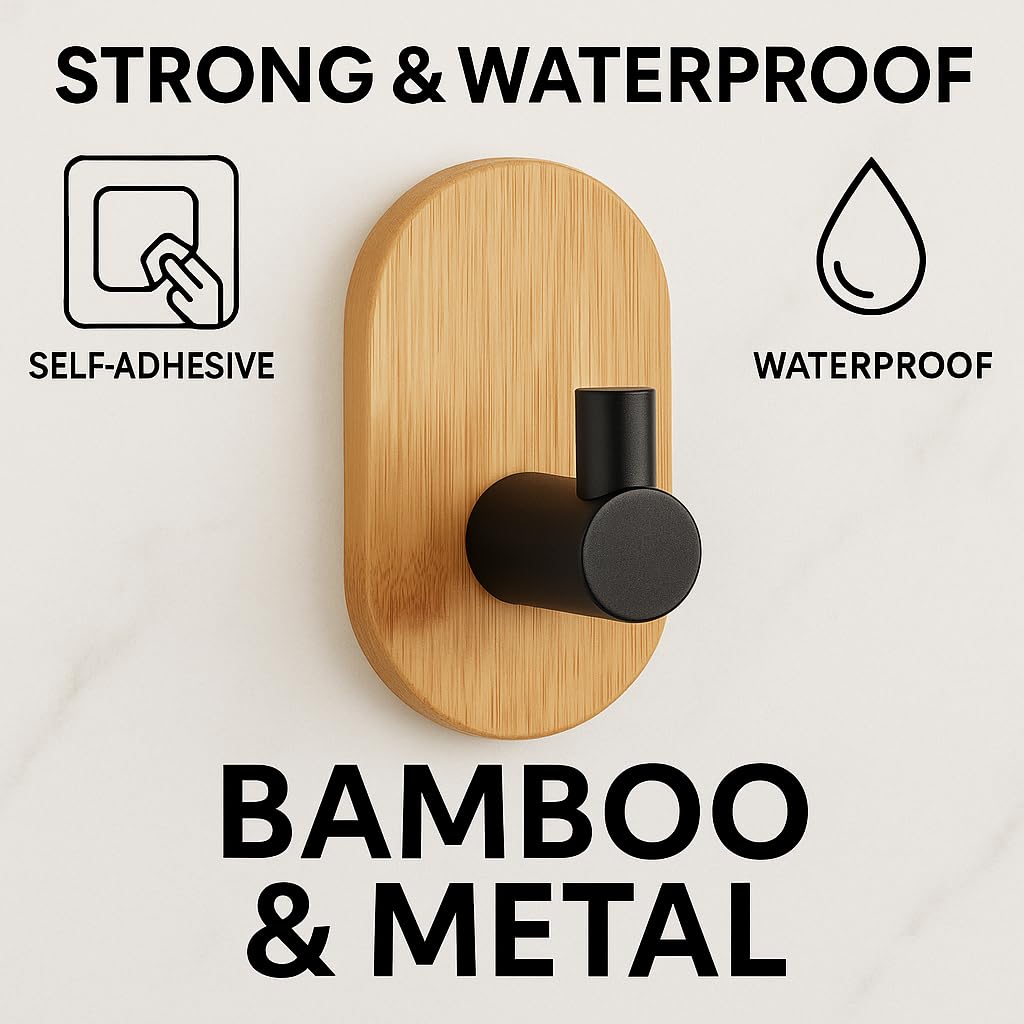 JIALTO 2 PCS Wooden Bathroom and Kitchen Without Drill Self Adhesive Hooks for Wall | Self Adhesive Wall Hook for Bathroom Accessories, Stylish Home Decor Items