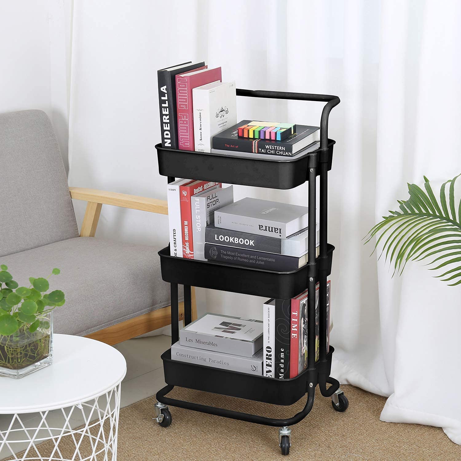 JIALTO Multipurpose Trolley with Wheels- Heavy Duty 3-Tier Utility Cart for Storage & Organization- Movable Rack for Home, Kitchen, Bathroom, Pantry- Durable Metal Frame with Lockable Wheels (Black)