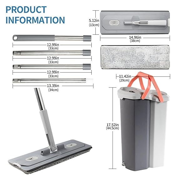 JIALTO Flat Mop and Bucket Set with 2 Chambers – Hands-Free Self Squeeze Mop with Microfiber Pads, 360° Rotating Handle, Floor Cleaning System for Home, Kitchen, Bathroom & Office