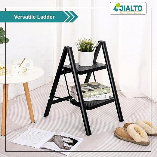 JIALTO 2 Step Aluminums Ladder | Foldable Step with Wide Pedals | Lightweight & Portable Stepping Stool for Home, Kitchen, Library, Office with Anti-Slip Heavy Duty 150 Kg Load (Black, 2 Step Ladder)