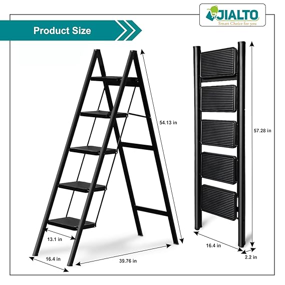 JIALTO 5 Step Aluminums Ladder | Foldable Step with Wide Pedals | Lightweight & Portable Stepping Stool for Home, Kitchen, Library, Office with Anti-Slip Heavy Duty 150 Kg Load