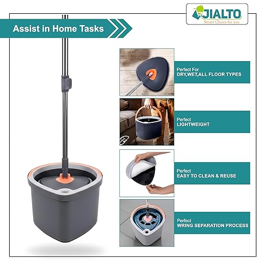 JIALTO 360° Spin Mop & Drop Bucket Deluxe System | Reusable Microfiber Pads for Wet & Dry Cleaning of Walls, Glass & Tiles and Home Floor Cleaning - Grey and Orange (Triangle)