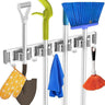 JIALTO 2 Adujstable Broom Holder Wall Mount – Heavy Duty Adujstable 4 Mop Stand with 5 Hook Broom Stick Holder Wall Mounted Space Saving Tool Rack for Home, Garage, Garden & Storage (Silver)