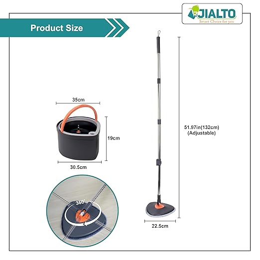 JIALTO 360° Spin Mop & Drop Bucket Deluxe System | Reusable Microfiber Pads for Wet & Dry Cleaning of Walls, Glass & Tiles and Home Floor Cleaning - Grey and Orange (Triangle)