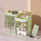 JIALTO Makeup Organizer Box with 4 Compartments- Cosmetic Storage Box and Organizer for Women- Skincare, Lipstick, Brushes, Jewelry Holder- Vanity Table Makeup Stand (Green Transparent)