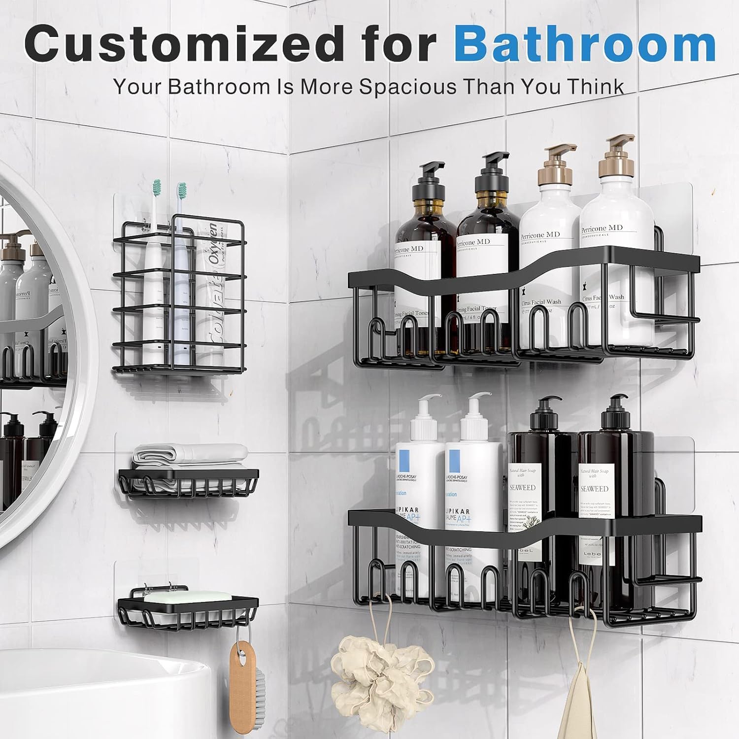 JIALTO Bathroom Shelf for Wall | Soap Dish with Toothbrush Holder | Self Adhesive Stainless Steel Bathroom Organiser Without Drill | Bathroom Shelves & Accessories (Black)