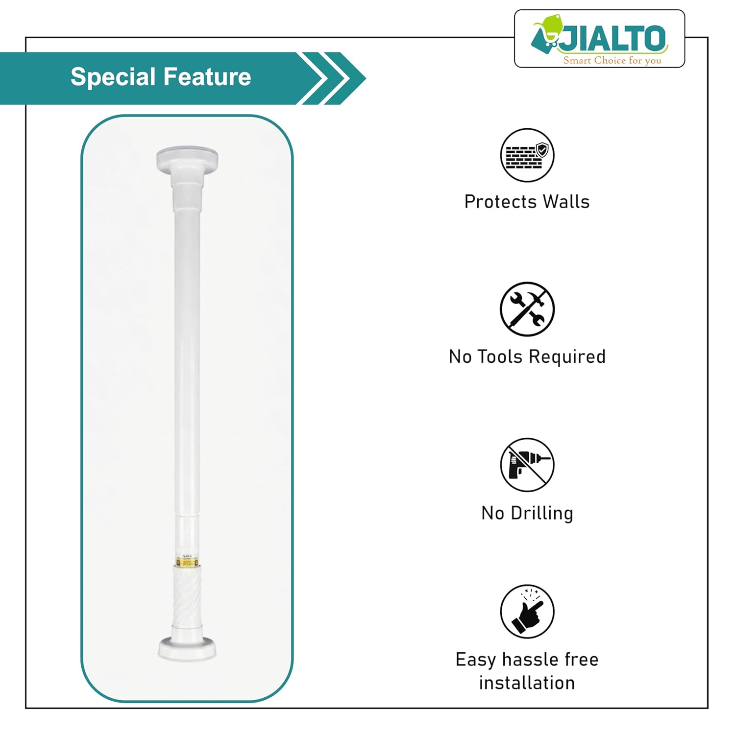 JIALTO Adjustable Bathroom Curtain Rod | Extendable  Shower Curtain Rod Without Drill for Wall Anti-Skid Spring Pull | Door Curtain | Bathroom Pipe Rod | Curtain Stand - WHITE, Pack Of - 2