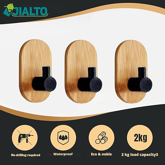 JIALTO 4 PCS Wooden Bathroom and Kitchen Without Drill Self Adhesive Hooks for Wall | Self Adhesive Wall Hook for Bathroom Accessories, Stylish Home Decor Items - (Rectangle Black Wooden)
