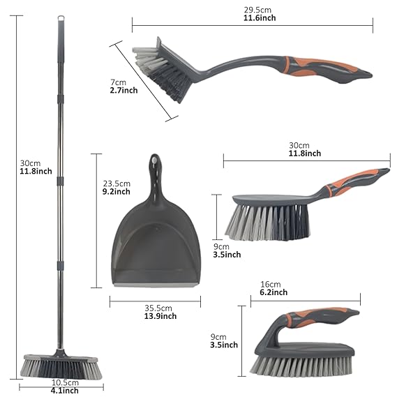 JIALTO 5-in-1 Cleaning Brush Set with Dustpan – Multipurpose Broom, Scrub Brush, Dish Brush & Floor Cleaning Tools for Home, Kitchen, Bathroom & Office Grey and Orange