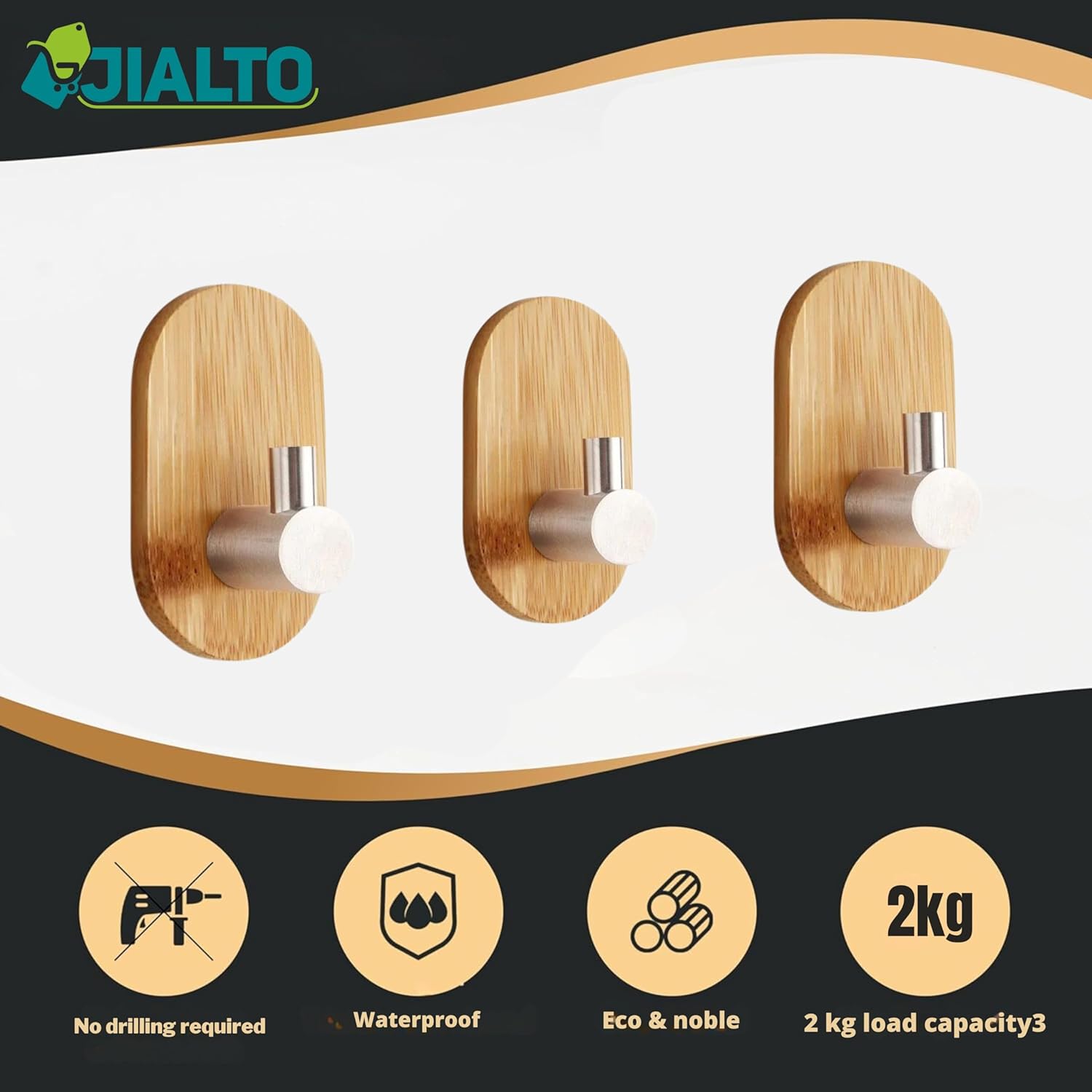 JIALTO 2 PCS Wooden Bathroom and Kitchen Without Drill Self Adhesive Hooks for Wall | Self Adhesive Wall Hook for Bathroom Accessories, Stylish Home Decor Items