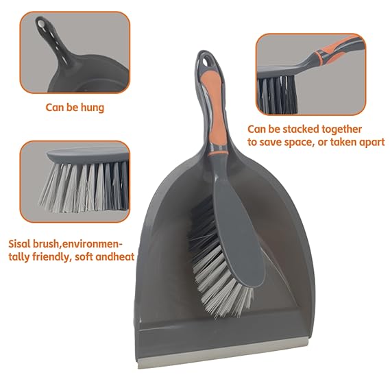 JIALTO 5-in-1 Cleaning Brush Set with Dustpan – Multipurpose Broom, Scrub Brush, Dish Brush & Floor Cleaning Tools for Home, Kitchen, Bathroom & Office Grey and Orange