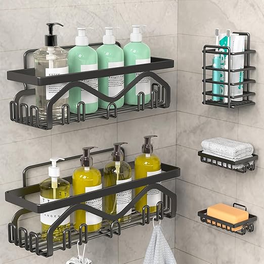 JIALTO 5 in 1 Self-Adhesive Bathroom Organizer Combo - No Drill Wall Mounted Shelf Stand with Metal Racks, Toothbrush Holder, Soap Dish & Storage Tray - Multipurpose Bathroom Accessories (Black)