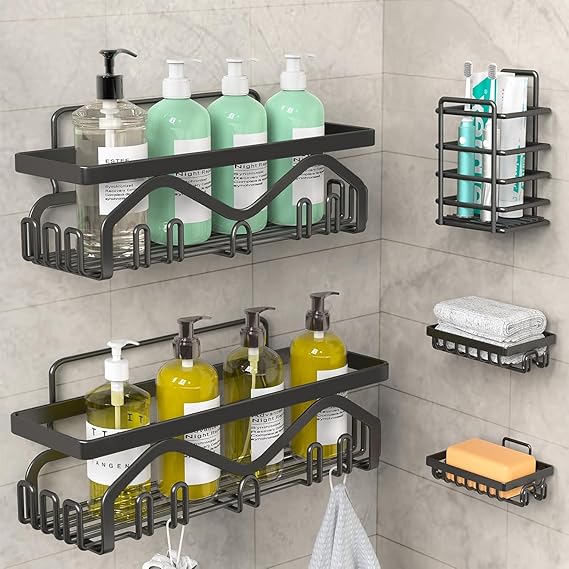 JIALTO 5 in 1 Self-Adhesive Bathroom Organizer Combo - No Drill Wall Mounted Shelf Stand with Metal Racks, Toothbrush Holder, Soap Dish & Storage Tray - Multipurpose Bathroom Accessories (Black)