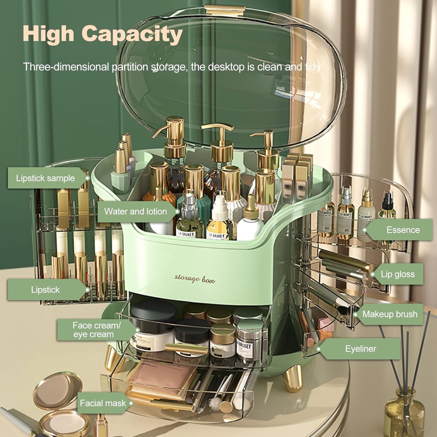 JIALTO Makeup Organizer Box | Countertop Cosmetic Organizer for Woman | Transparent Clear Makeup Organizer Box | Organize for Cosmetic Products (Greens)
