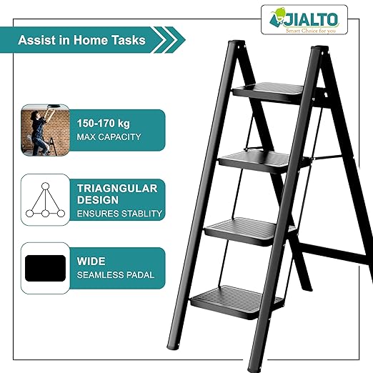 JIALTO 4 Step Aluminums Ladder | Foldable Step with Wide Pedals | Lightweight & Portable Stepping Stool for Home, Kitchen, Library, Office with Anti-Slip Heavy Duty 150 Kg Load