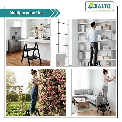 JIALTO 2 Step Aluminums Ladder | Foldable Step with Wide Pedals | Lightweight & Portable Stepping Stool for Home, Kitchen, Library, Office with Anti-Slip Heavy Duty 150 Kg Load (Black, 2 Step Ladder)