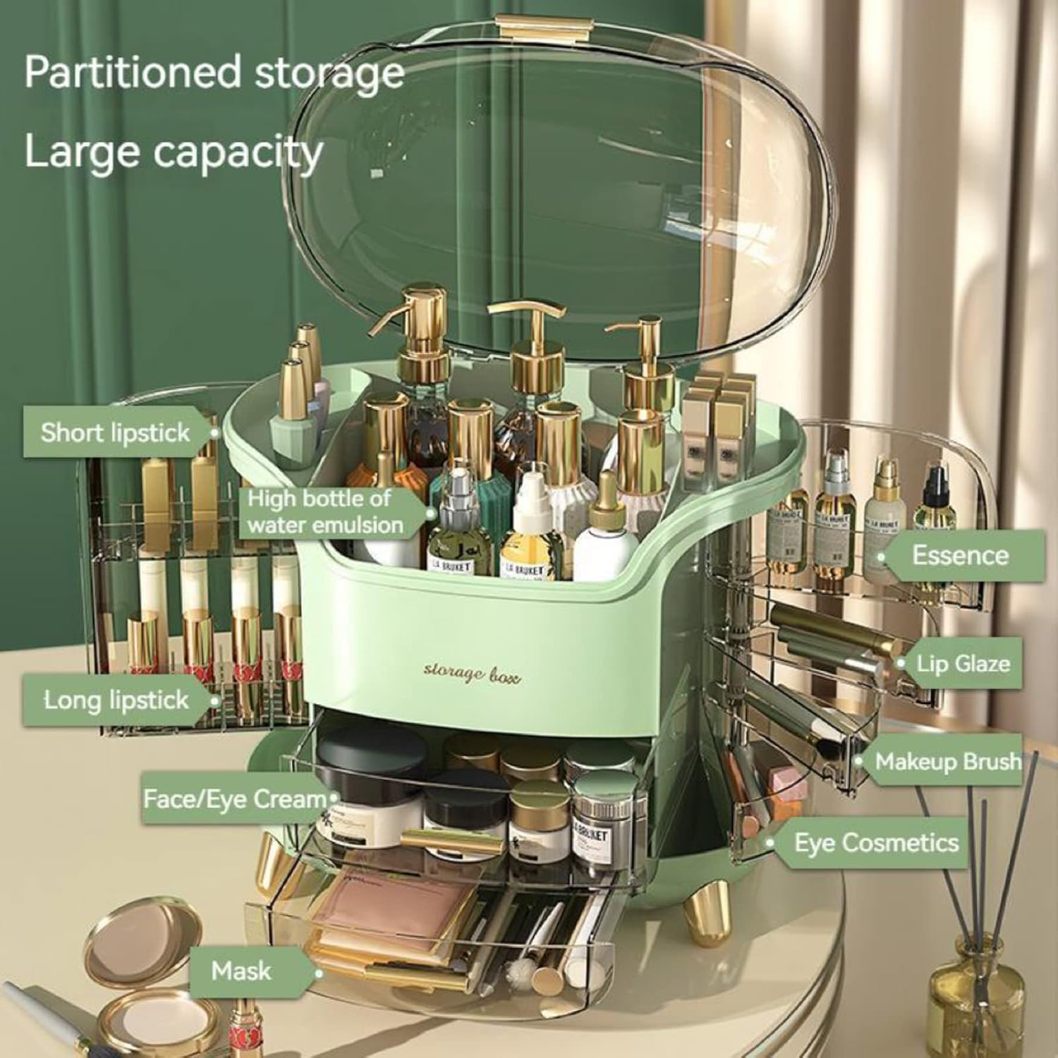 JIALTO Makeup Organizer Box | Countertop Cosmetic Organizer for Woman | Transparent Clear Makeup Organizer Box | Organize for Cosmetic Products (Greens)