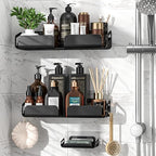JIALTO Bathroom Organiser | Corner Shelf with Soap Holder | Stainless Steel Organizer Without Drill | Ideal Bathroom Accessories Combo (Black)