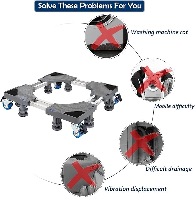 JIALTO Universal Adjustable Washing Machine Stand 8kg-12kg- Heavy Duty Trolley with Wheels- Single/Double Door Fridge Stand, Air Cooler Stand, Appliance Base with 300 Kg Capacity, Anti Vibration Pads