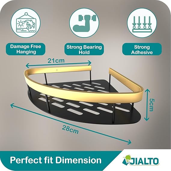 JIALTO 2 Pcs Corner Shelf for Bathroom, Self Adhesive Aluminium Bathroom Shelf for Wall Mounted Bathroom Organiser Without Drill and Bathroom Accessories (Gold)
