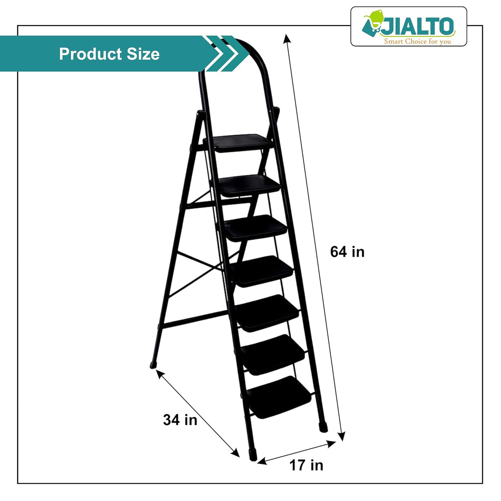 JIALTO 7 Step Ladder with Handrail | Folding Steel Step Stool for Home & Kitchen | Anti-Slip Wide Pedal, Lightweight & Portable | Space-Saving Design, Indoor & Outdoor Use (Black)