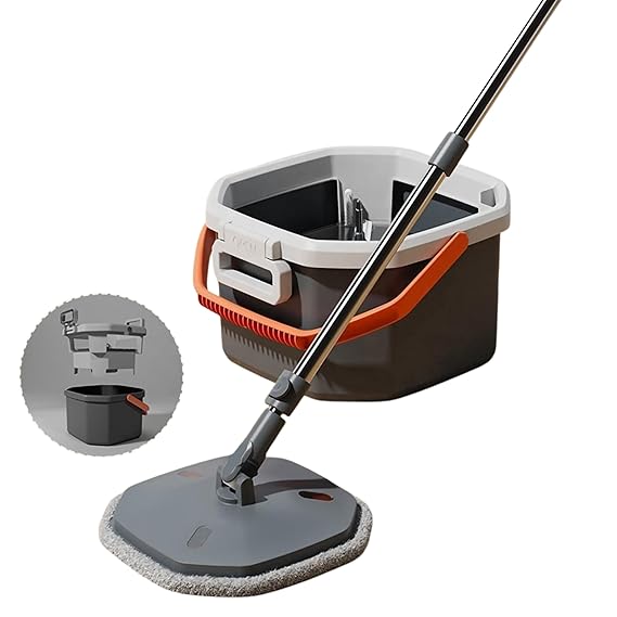 JIALTO 360° Spin Mop & Drop Bucket Deluxe System | Reusable Microfiber Pads for Wet & Dry Cleaning of Walls, Glass & Tiles and Home Floor Cleaning - Grey and Orange (Octagon)