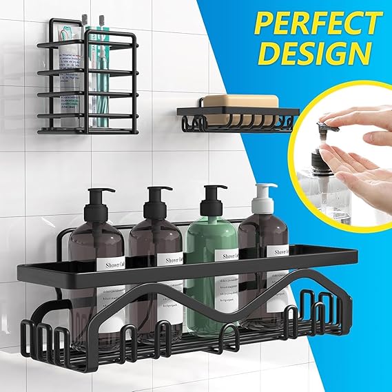 JIALTO 5 in 1 Self-Adhesive Bathroom Organizer Combo - No Drill Wall Mounted Shelf Stand with Metal Racks, Toothbrush Holder, Soap Dish & Storage Tray - Multipurpose Bathroom Accessories (Black)