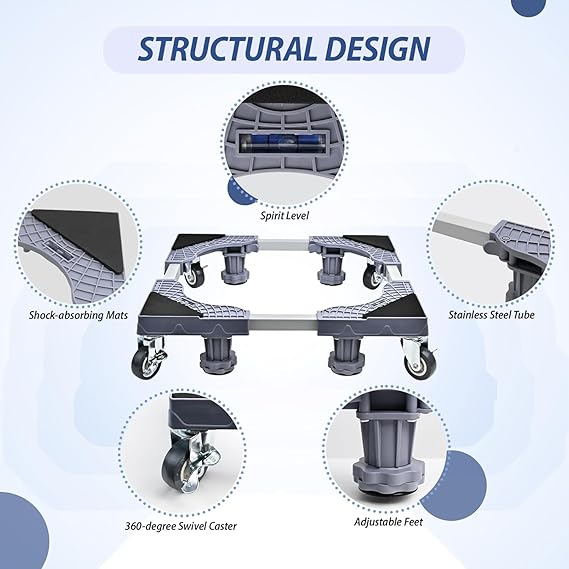 JIALTO Universal Adjustable Washing Machine Stand with 4 Lockable Wheels & 4 Heavy-Duty Legs, Load Capacity 8–120 kg - Movable Base Stand for Refrigerator, Cooler & Appliances(WM – Single Pipe, Black)