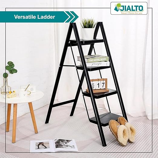 JIALTO 4 Step Aluminums Ladder | Foldable Step with Wide Pedals | Lightweight & Portable Stepping Stool for Home, Kitchen, Library, Office with Anti-Slip Heavy Duty 150 Kg Load