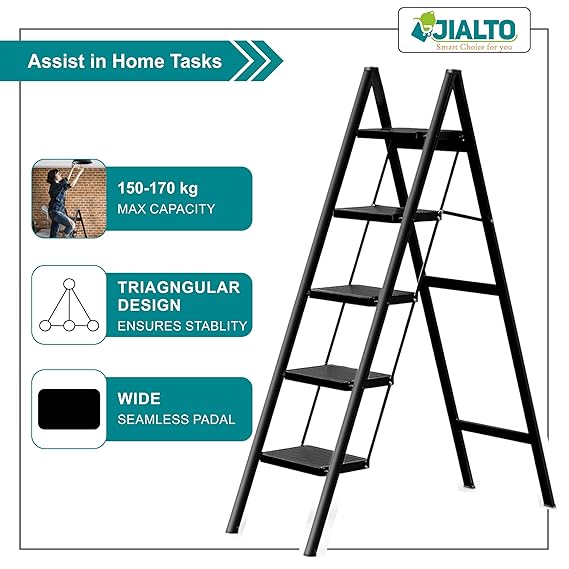 JIALTO 5 Step Aluminums Ladder | Foldable Step with Wide Pedals | Lightweight & Portable Stepping Stool for Home, Kitchen, Library, Office with Anti-Slip Heavy Duty 150 Kg Load