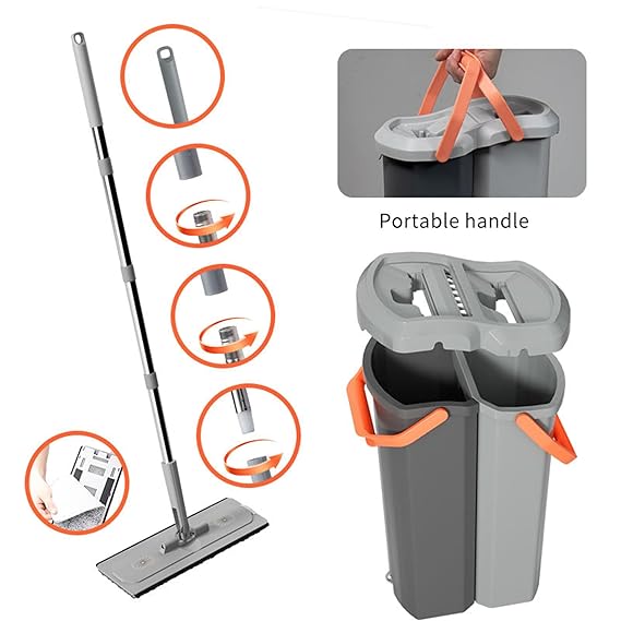 JIALTO Flat Mop and Bucket Set with 2 Chambers – Hands-Free Self Squeeze Mop with Microfiber Pads, 360° Rotating Handle, Floor Cleaning System for Home, Kitchen, Bathroom & Office