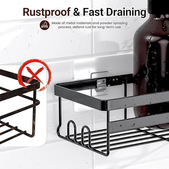 JIALTO 2 Pieces Aluminium Heavy Duty Self Adhesive Bathroom Accessories Set Bathroom Kitchen Shelf Rack, Multipurpose Wall Mounted Washroom Organizer (Black)