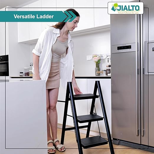 JIALTO 3 Step Aluminums Ladder | Foldable Step with Wide Pedals | Lightweight & Portable Stepping Stool for Home, Kitchen, Library, Office with Anti-Slip Heavy Duty 150 Kg Load