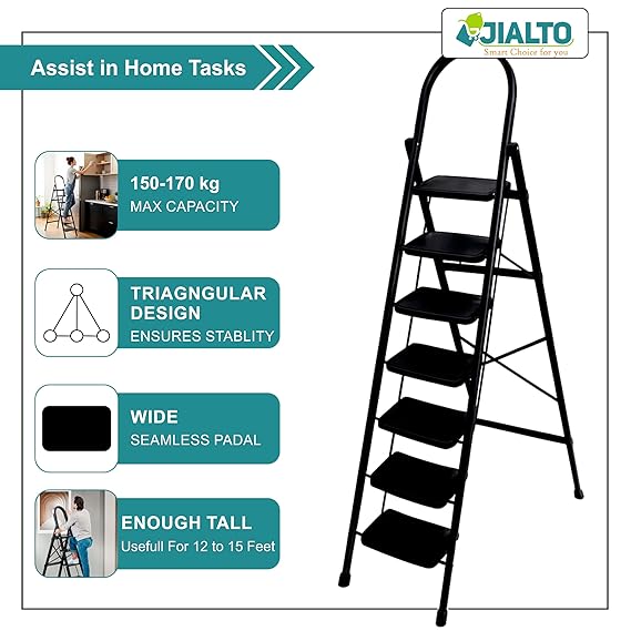 JIALTO 7 Step Ladder with Handrail | Folding Steel Step Stool for Home & Kitchen | Anti-Slip Wide Pedal, Lightweight & Portable | Space-Saving Design, Indoor & Outdoor Use (Black)