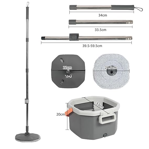 JIALTO 360° Spin Mop & Drop Bucket Deluxe System | Reusable Microfiber Pads for Wet & Dry Cleaning of Walls, Glass & Tiles and Home Floor Cleaning - Grey and Orange (Octagon)