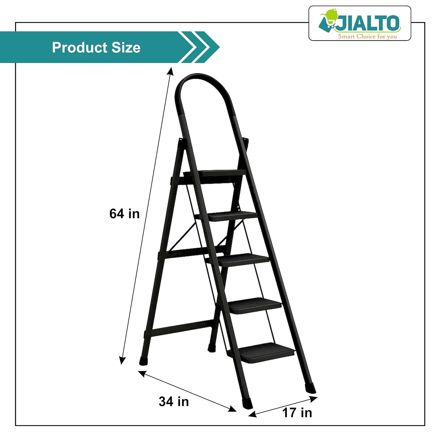 Jialto Premium Matte Black 5 Step Ladder | Foldable Ladder for Home with Built-in Tool Tray | Secure Lock & Wide Rubber Feet | Heavy Duty Home Step Ladder (150kg Capacity)