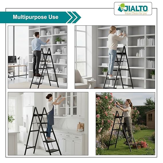JIALTO 5 Step Aluminums Ladder | Foldable Step with Wide Pedals | Lightweight & Portable Stepping Stool for Home, Kitchen, Library, Office with Anti-Slip Heavy Duty 150 Kg Load