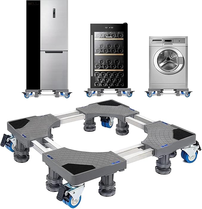 JIALTO Universal Adjustable Washing Machine Stand 8kg-12kg- Heavy Duty Trolley with Wheels- Single/Double Door Fridge Stand, Air Cooler Stand, Appliance Base with 300 Kg Capacity, Anti Vibration Pads