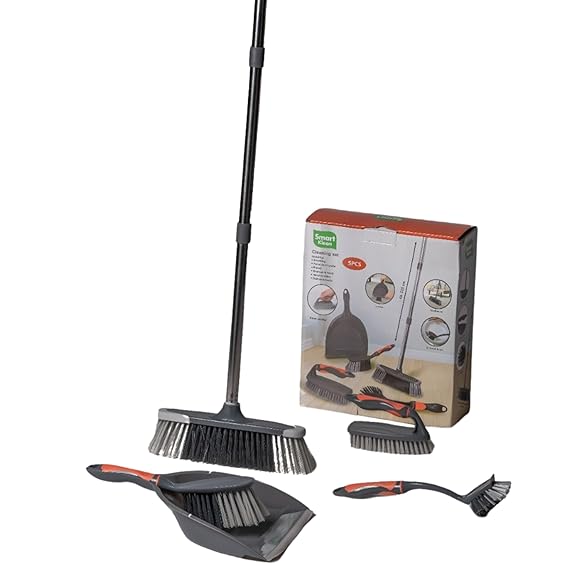 JIALTO 5-in-1 Cleaning Brush Set with Dustpan – Multipurpose Broom, Scrub Brush, Dish Brush & Floor Cleaning Tools for Home, Kitchen, Bathroom & Office Grey and Orange