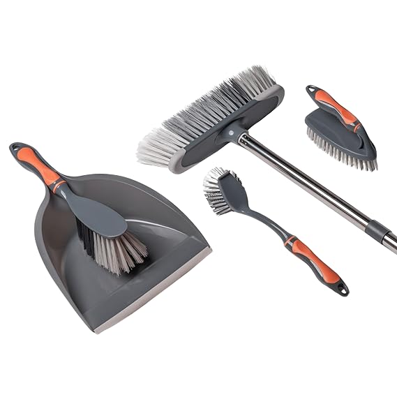 JIALTO 5-in-1 Cleaning Brush Set with Dustpan – Multipurpose Broom, Scrub Brush, Dish Brush & Floor Cleaning Tools for Home, Kitchen, Bathroom & Office Grey and Orange