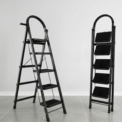 Jialto Premium Matte Black 5 Step Ladder | Foldable Ladder for Home with Built-in Tool Tray | Secure Lock & Wide Rubber Feet | Heavy Duty Home Step Ladder (150kg Capacity)