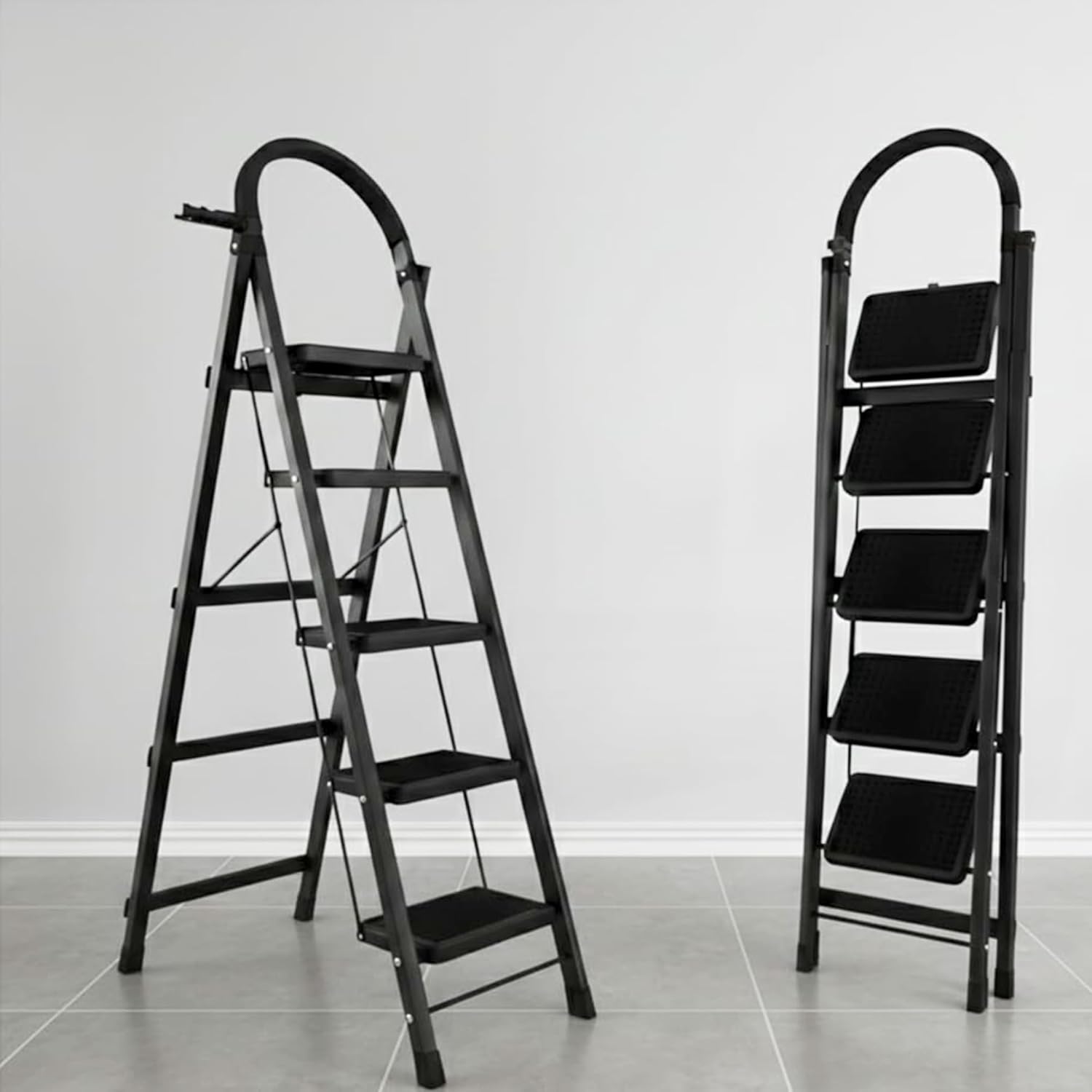 Jialto Premium Matte Black 5 Step Ladder | Foldable Ladder for Home with Built-in Tool Tray | Secure Lock &amp; Wide Rubber Feet | Heavy Duty Home Step Ladder (150kg Capacity)