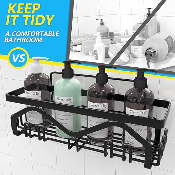 JIALTO 5 in 1 Self-Adhesive Bathroom Organizer Combo - No Drill Wall Mounted Shelf Stand with Metal Racks, Toothbrush Holder, Soap Dish & Storage Tray - Multipurpose Bathroom Accessories (Black)